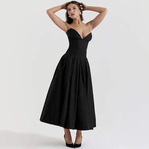 Black Plunge Corset Midi Dress view 2 | MAUVSTUDIO®