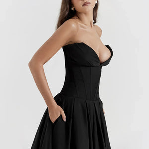 Black Plunge Corset Midi Dress view 6 | MAUVSTUDIO®