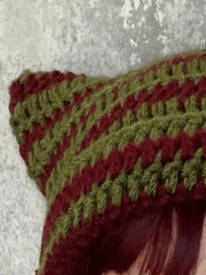 Striped Knit Hat with Handmade Horn Accent