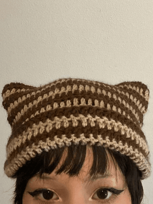Striped Knit Hat with Handmade Horn Accent