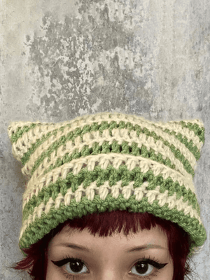 Striped Knit Hat with Handmade Horn Accent