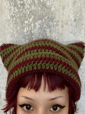 Striped Knit Hat with Handmade Horn Accent