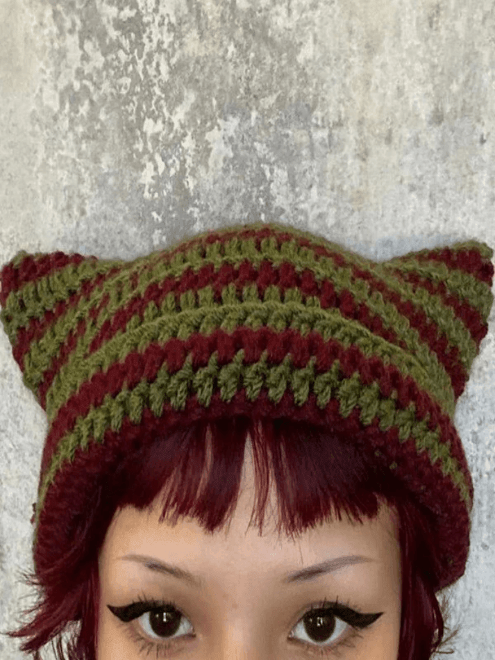 Striped Knit Hat with Handmade Horn Accent