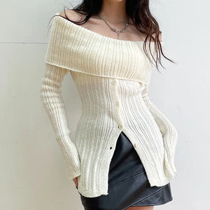 Button Up Off Shoulder Knitted Top – MAUVSTUDIO®