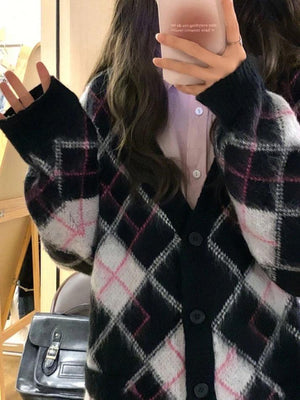 Cardigan ample en jacquard à carreaux