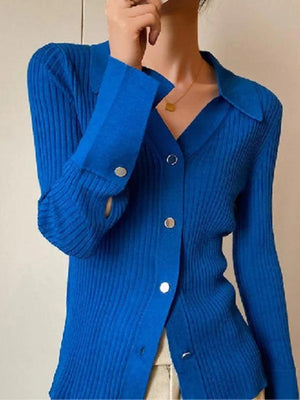Cardigan côtelé à col en V avec boutons en métal de couleur unie