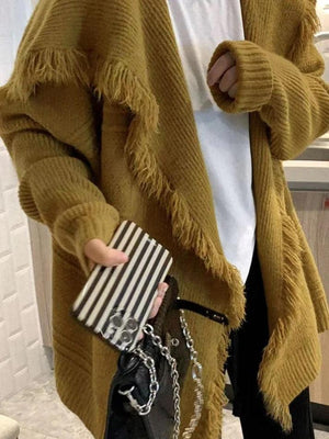 Cardigan de couleur unie à gros revers et bordure à pampilles