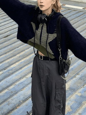 Cardigan en tricot à capuche zippé en jacquard étoile