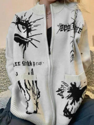 Cardigan en tricot à grandes poches et imprimé différent