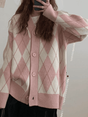 Cardigan en tricot à motif losanges et col en V