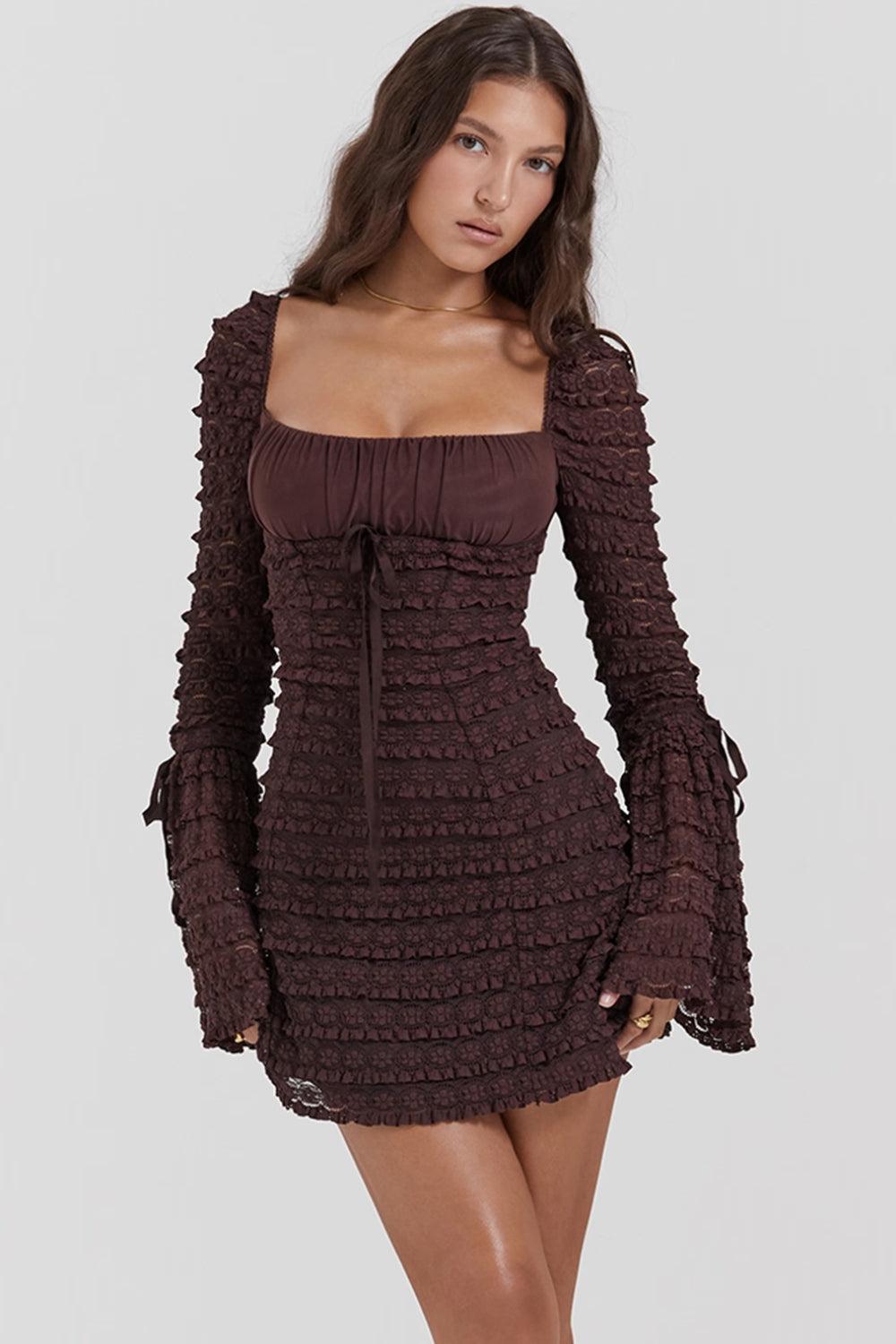 Coffee Ruched Mini Dress view 9 | MAUVSTUDIO®