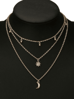 Collier Décor Lune Étoile Strass Multi-Couches