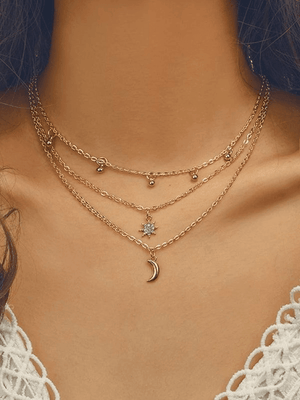 Collier Décor Lune Étoile Strass Multi-Couches