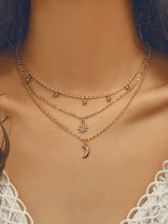 Collier Décor Lune Étoile Strass Multi-Couches