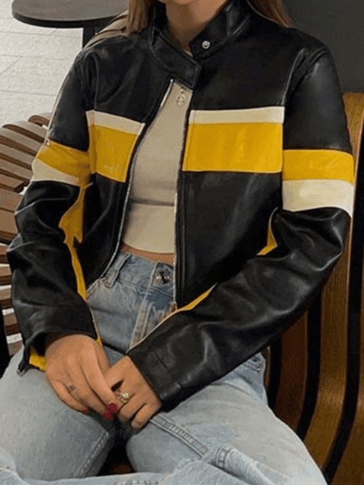 Color Block Cropped Pu Leather Moto Jacket