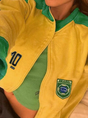 Color Block Embroidery Collar Neck Jacket