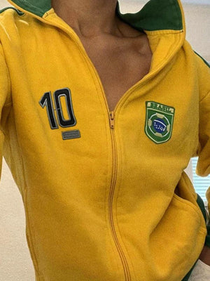 Color Block Embroidery Collar Neck Jacket