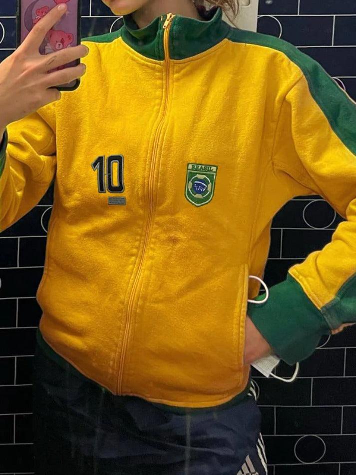 Color Block Embroidery Collar Neck Jacket