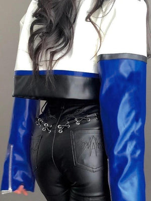 Color Block Pu Leather Cropped Moto Jacket