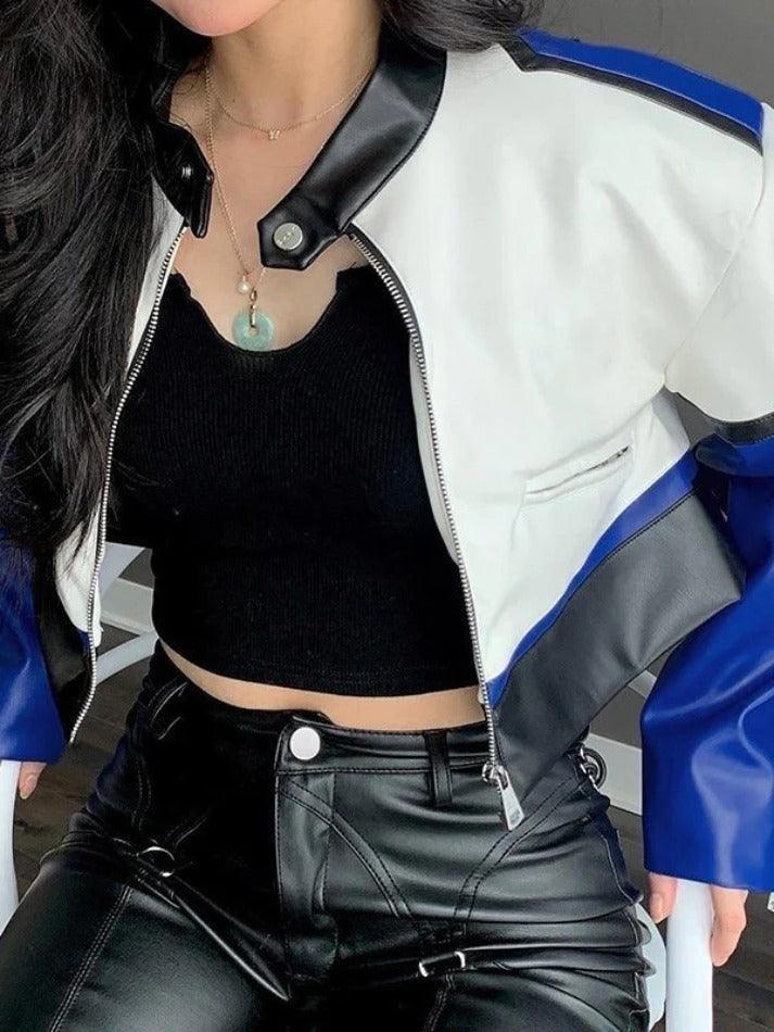 Color Block Pu Leather Cropped Moto Jacket