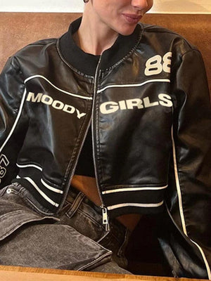 Contrast Color Print Splice Leather Short Jacket