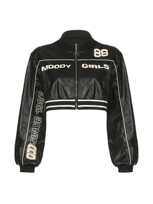 Contrast Color Print Splice Leather Short Jacket