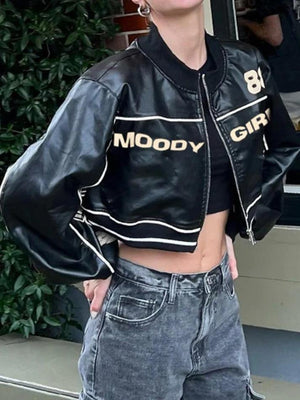 Contrast Color Print Splice Leather Short Jacket