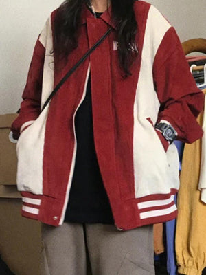 Corduroy Color Block Splice Embroidery Jacket