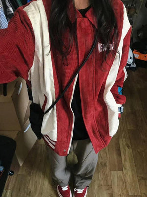 Corduroy Color Block Splice Embroidery Jacket