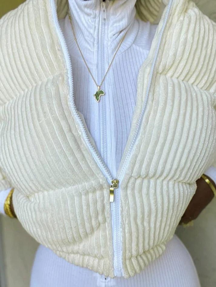 Corduroy Ribbed High Neck Zip Up Jacket