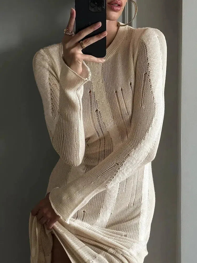Crochet Distressed Maxi Dress view 8 | MAUVSTUDIO®