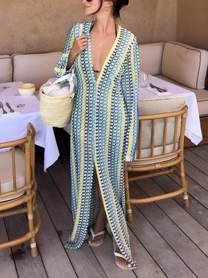 Crochet Striped Plunge Neck Maxi Dress view 6 | MAUVSTUDIO®