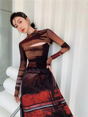 Crop Top & Mesh Midi Dress Two Piece Set view 2 | MAUVSTUDIO®