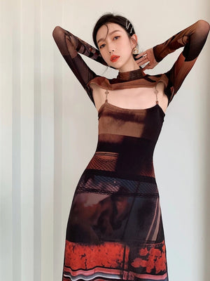 Crop Top & Mesh Midi Dress Two Piece Set view 4 | MAUVSTUDIO®