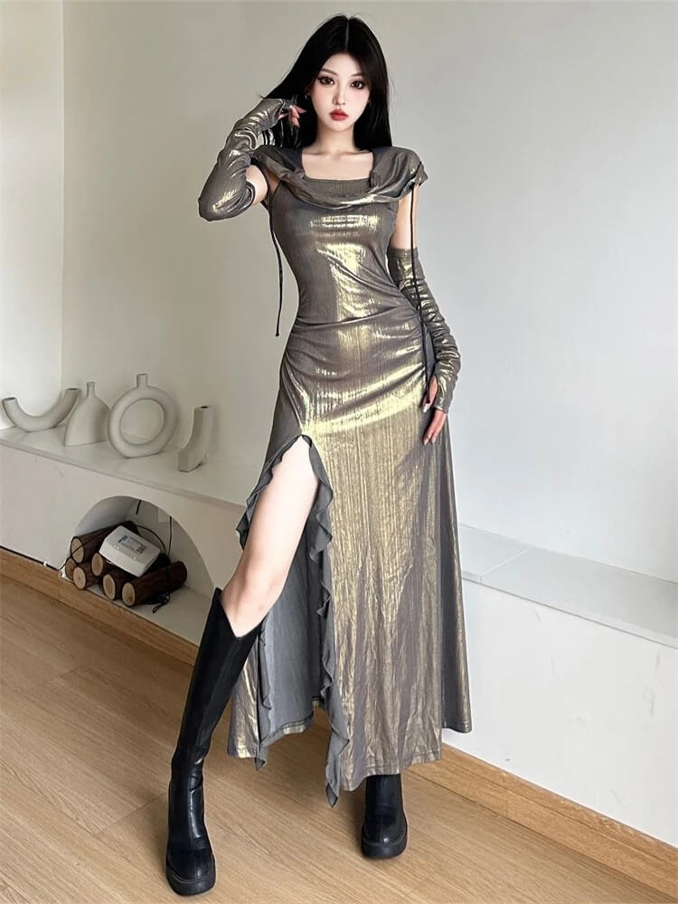 Cyberpunk Metallic Hooded Midi Dress view 8 | MAUVSTUDIO®