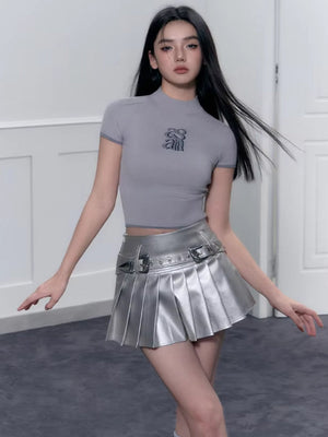 Cyberpunk Metallic Mini Skirt, Y2K mini skirt styled with a crop top