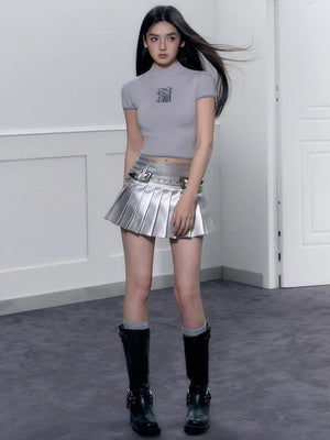 Cyberpunk Metallic Mini Skirt, Y2K mini skirt styled with a crop top