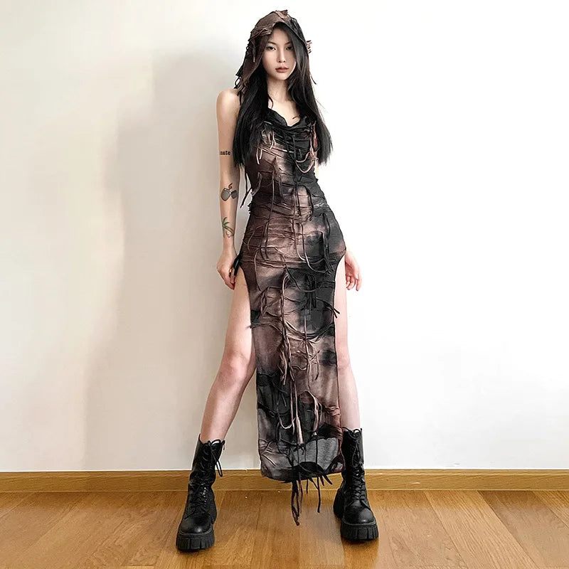Distressed Sheer Maxi Dress view 10 | MAUVSTUDIO®