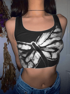 Dragonfly Print Ribbed Cropped Tank Top