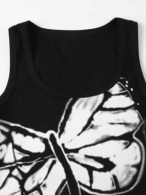 Dragonfly Print Ribbed Cropped Tank Top