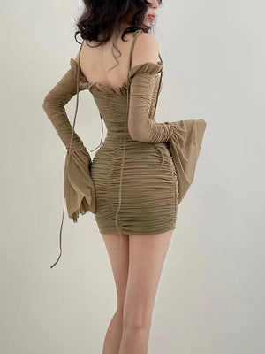 Flare Cuffs Off Shoulder Mesh Mini Dress view 2 | MAUVSTUDIO®