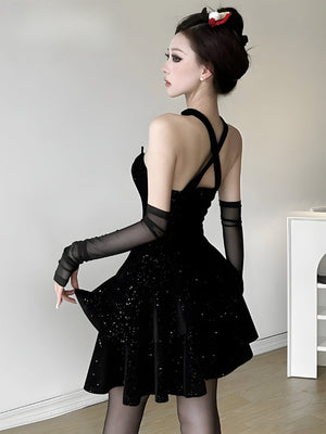 Glitter Asymmetric Mini Dress view 2 | MAUVSTUDIO®