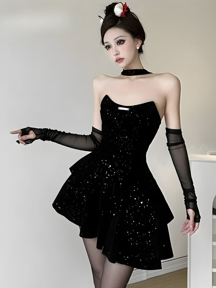 Glitter Asymmetric Mini Dress view 8 | MAUVSTUDIO®