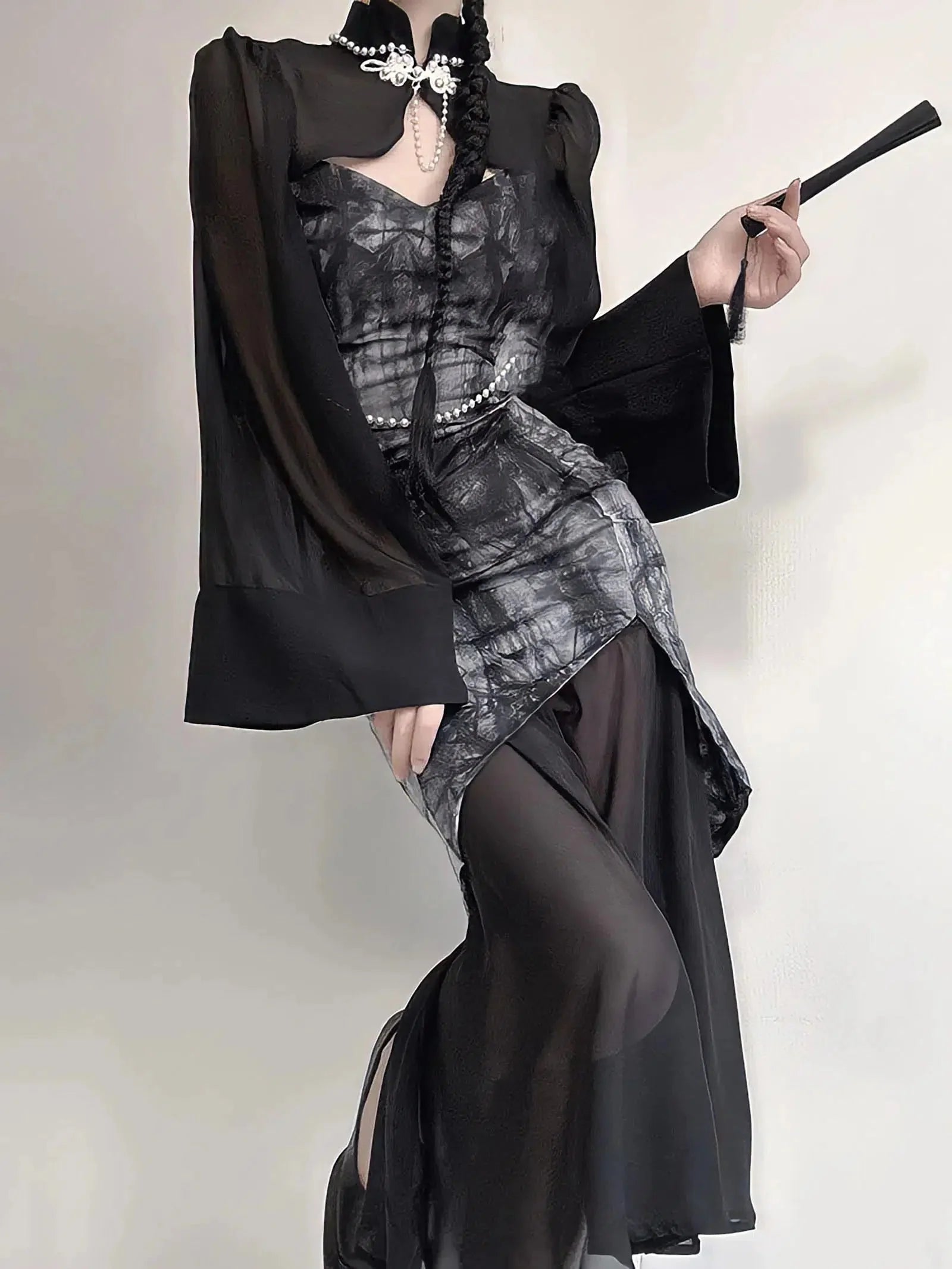 blue dress for baby girl Perfee Slit Wide Strap Dress and Detachable Long Sleeves Set Black / XL