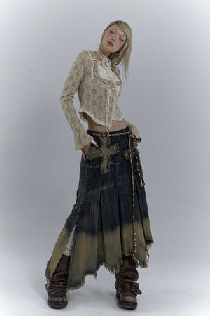 Grunge Cross Patch Pleated Maxi Skirt, Y2K skirt styled with a crop top