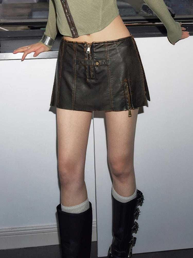 Grunge Faux Leather Slit Mini Skort, Y2K skort styled with a crop top