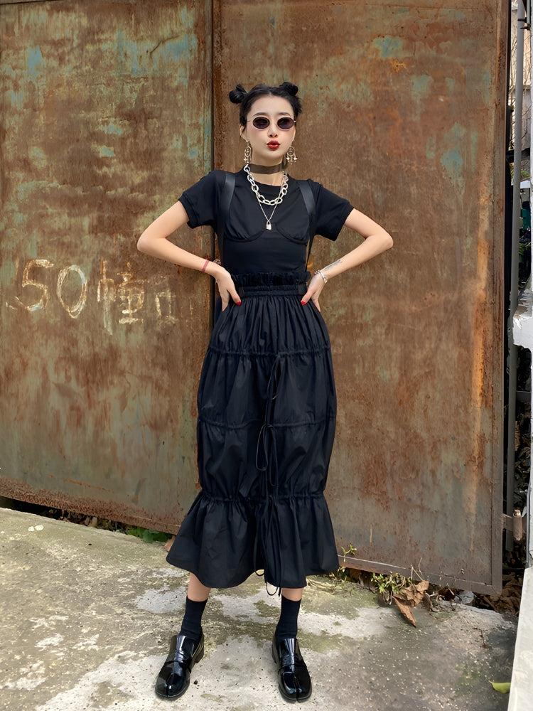 Grunge Ruched Midi Skirt, Y2K skirt styled with a crop top