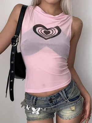 Heart Print See Through Tank Top