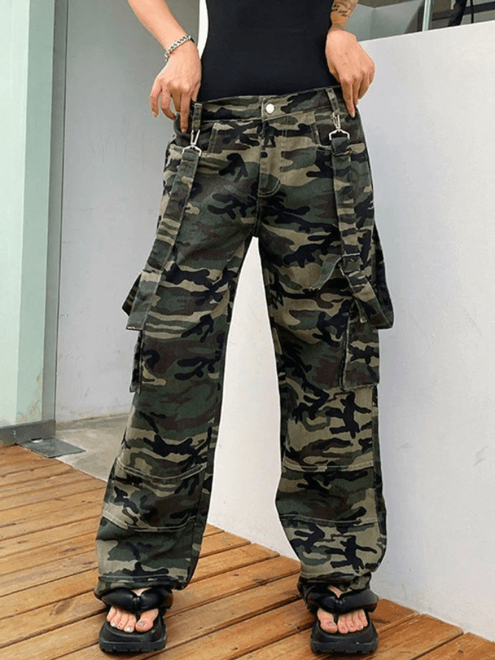 Jean Cargo Camo Baggy à Bretelles Détachables