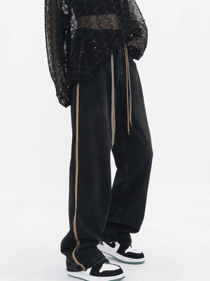 Jean boyfriend à cordon de serrage et rayures latérales